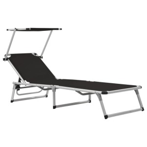 Klappbare, schwarze Sonnenliege mit Dach, Alu-Gestell und Textilene-Bezug. Ideal für Garten und Balkon.