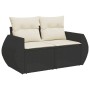 Schwarze vidaXL Garten-Sofagarnitur aus Rattan mit cremefarbenen Kissen.