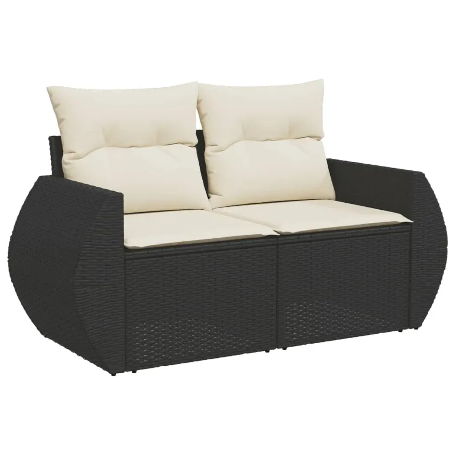 Schwarze vidaXL Garten-Sofagarnitur aus Rattan mit cremefarbenen Kissen.
