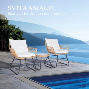 Svita Amalfi Rattan Balkonset Natur mit 2 Stühlen, rundem Tisch und weißen Kissen auf Terrasse am Pool. Gartenlounge für 2 Personen.