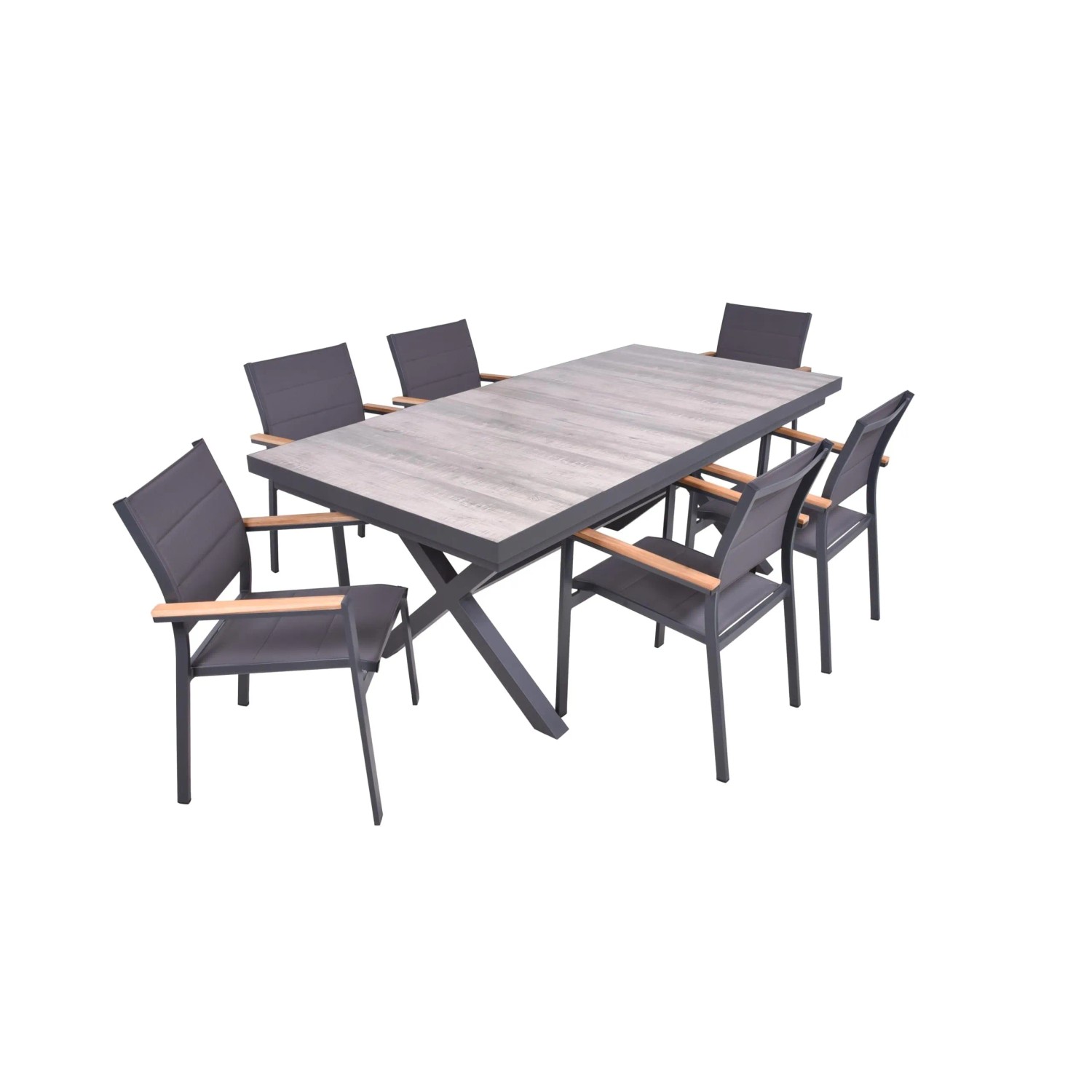 DELUKE Garten-Sitzgruppe JANA 7-tlg. Alu-Keramik Eiche-Optik Grau Gartenmöbel-Set Garten-Essgruppe Stapelstühle E Esstisch