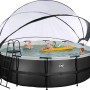 Exit Black Leather Pool, ø 450 cm, mit Abdeckung, Leiter und spielenden Kindern im Wasser.