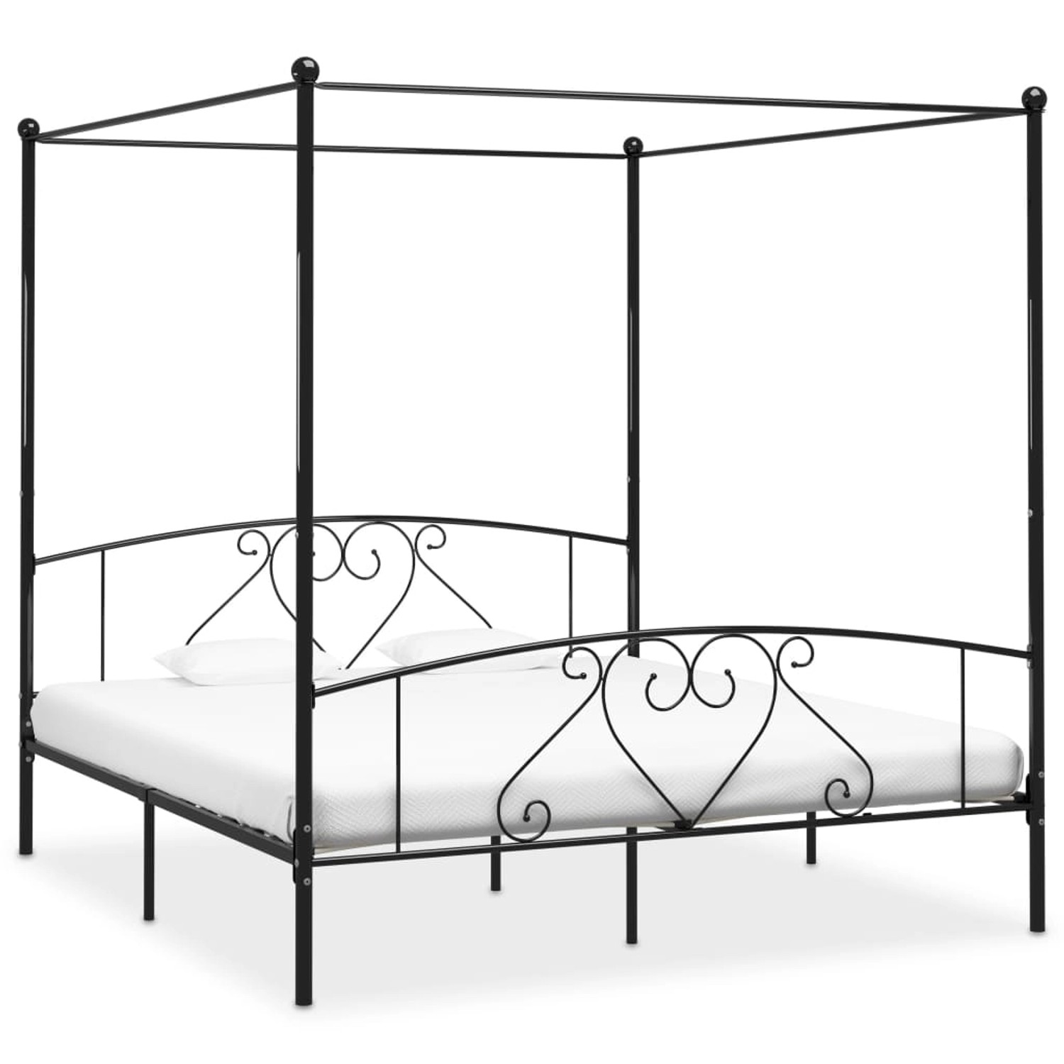 Schwarzes vidaXL Himmelbett-Gestell aus Metall, 200x200 cm, mit Lattenrost (ohne Matratze).