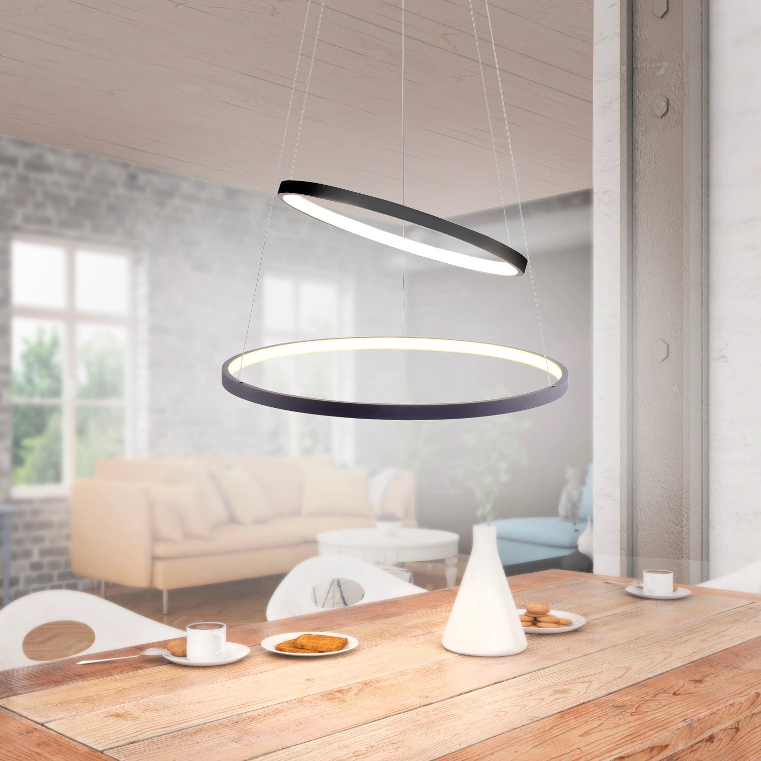 Moderne LED Pendelleuchte Circle in Anthrazit, zwei Ringe, warmweißes Licht, Design-Stehlampe.
