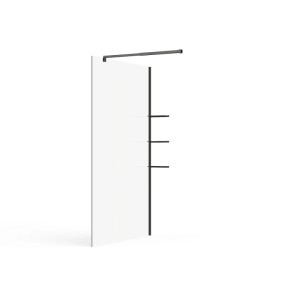 Schwarze Duschwand Daren 120 cm aus Glas mit drei Ablagen für begehbare Duschen.