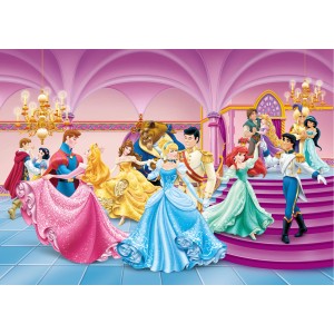 Disney Prinzessinnen Fototapete in Rosa, Blau und Gelb mit verschiedenen Prinzessinnen.