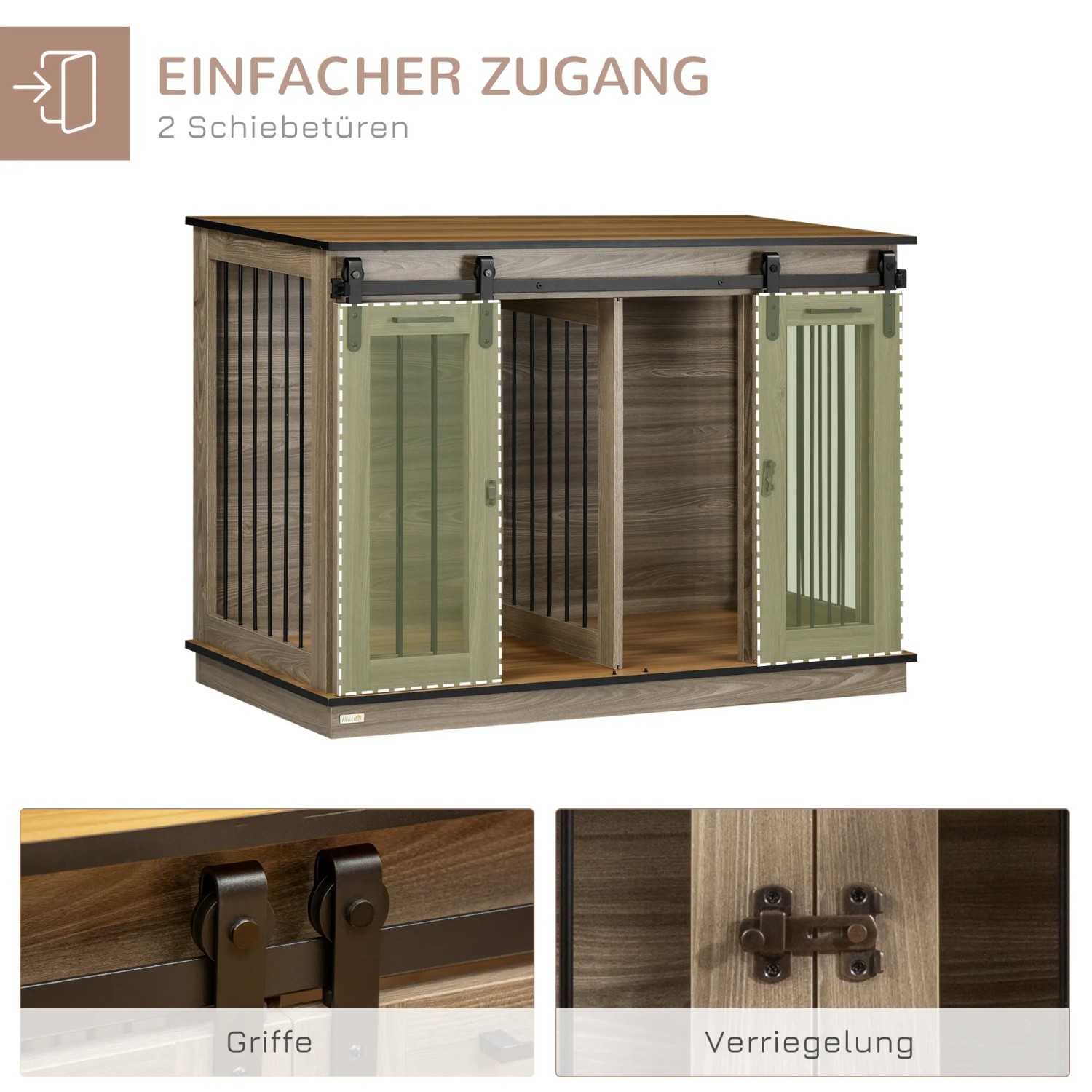 PawHut Hundehütte Eiche mit Doppeltüren und Zweiraum-Option, flexibel gestaltbarer Hundezwinger.