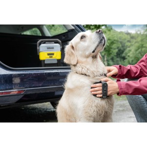 Kärcher Zubehörbox Pet OC 3 mit Hund und Fellbürste im Einsatz vor Auto.