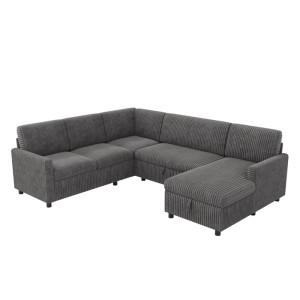 Graues U-Sofa aus Cord mit Chaiselongue und Stauraum. Großes Ecksofa für Wohnzimmer.