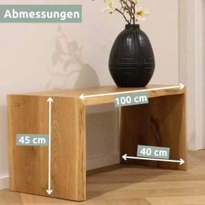 Holz4home Massivholz Hocker Bank aus Eiche mit Baumkante M, Abmessungen sind dargestellt.