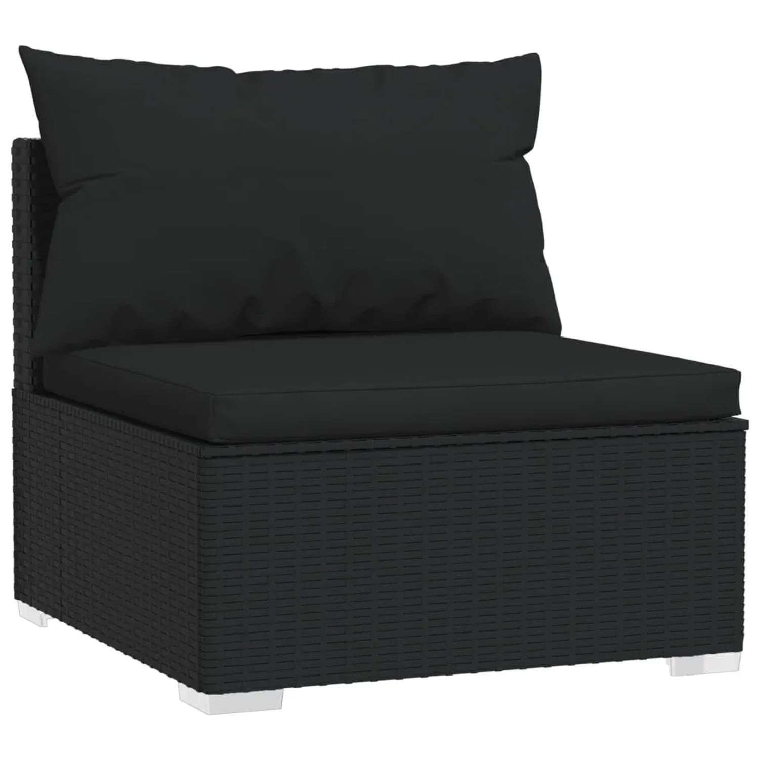 Schwarzes vidaXL 3-Sitzer Gartensofa aus Rattan mit Kissen.
