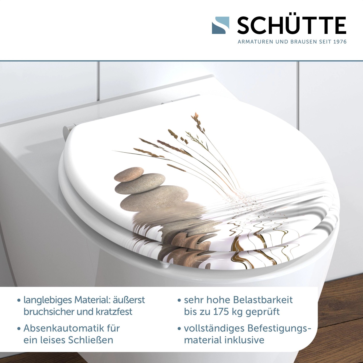 Schütte WC-Sitz MDF Balance mit Absenkautomatik, Motiv Steine und Gräser auf Toilette.