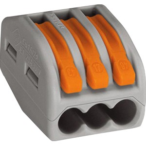 Wago Verbindungsdosenklemme mit 3 orangefarbenen Hebeln für Kabel bis 4 mm².