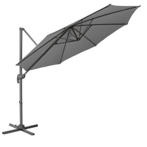 Grauer Svita Ampelschirm aus Aluminium, geöffnet, mit Dreh- und Schwenkfunktion für Garten & Terrasse.