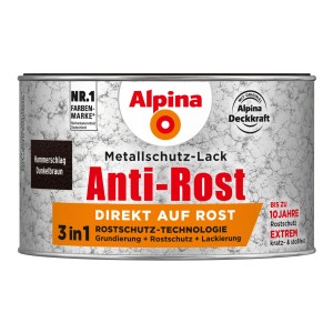 Dunkelbraune Alpina Metallschutz-Lack Dose mit Hammerschlag-Effekt, Anti-Rost Formel.