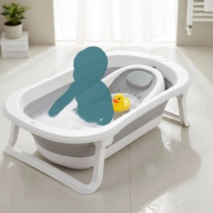 Weiße, faltbare Babybadewanne mit grauem Liegeeinsatz, Schaum und Quietscheente. Rutschfest, Thermoablaufstopfen.
