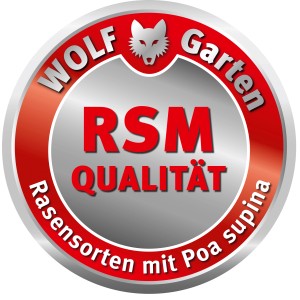 Wolf-Garten Premium-Rasen: Runder Aufkleber "RSM Qualität" für Rasensorten mit Poa supina.