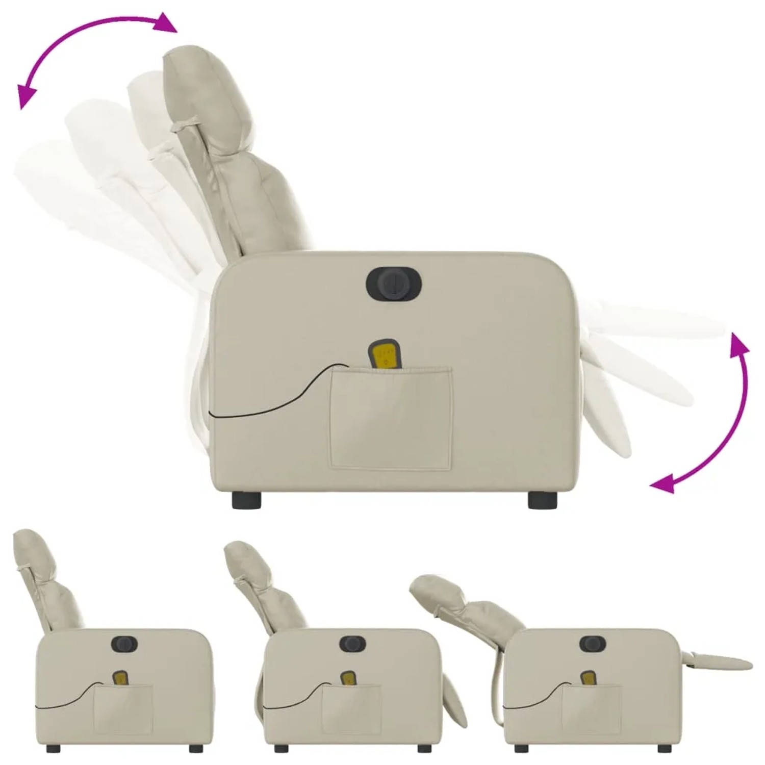 Elektrischer Massagesessel in Creme Kunstleder, verschiedene Neigungspositionen dargestellt.