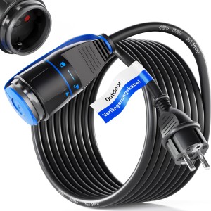 Schwarzes 20m hb-digital Strom Verlängerungskabel für Außenbereich mit Sicherheitsverschluss.