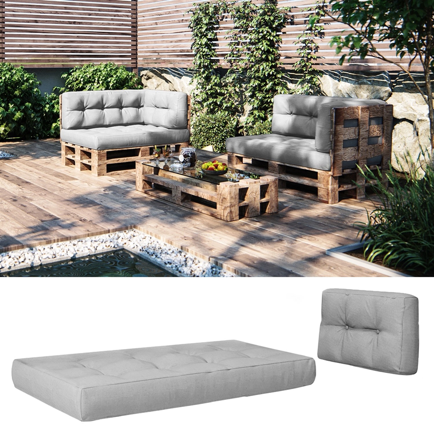 Graues Vicco Palettenkissen Set, 2-teilig, für Palettenmöbel im Garten oder auf der Terrasse.