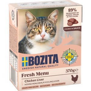 Bozita Katzen-Nassfutter mit Hühnerleber, 370g Packung. Getreidefreies Katzenfutter im Tetrapack.