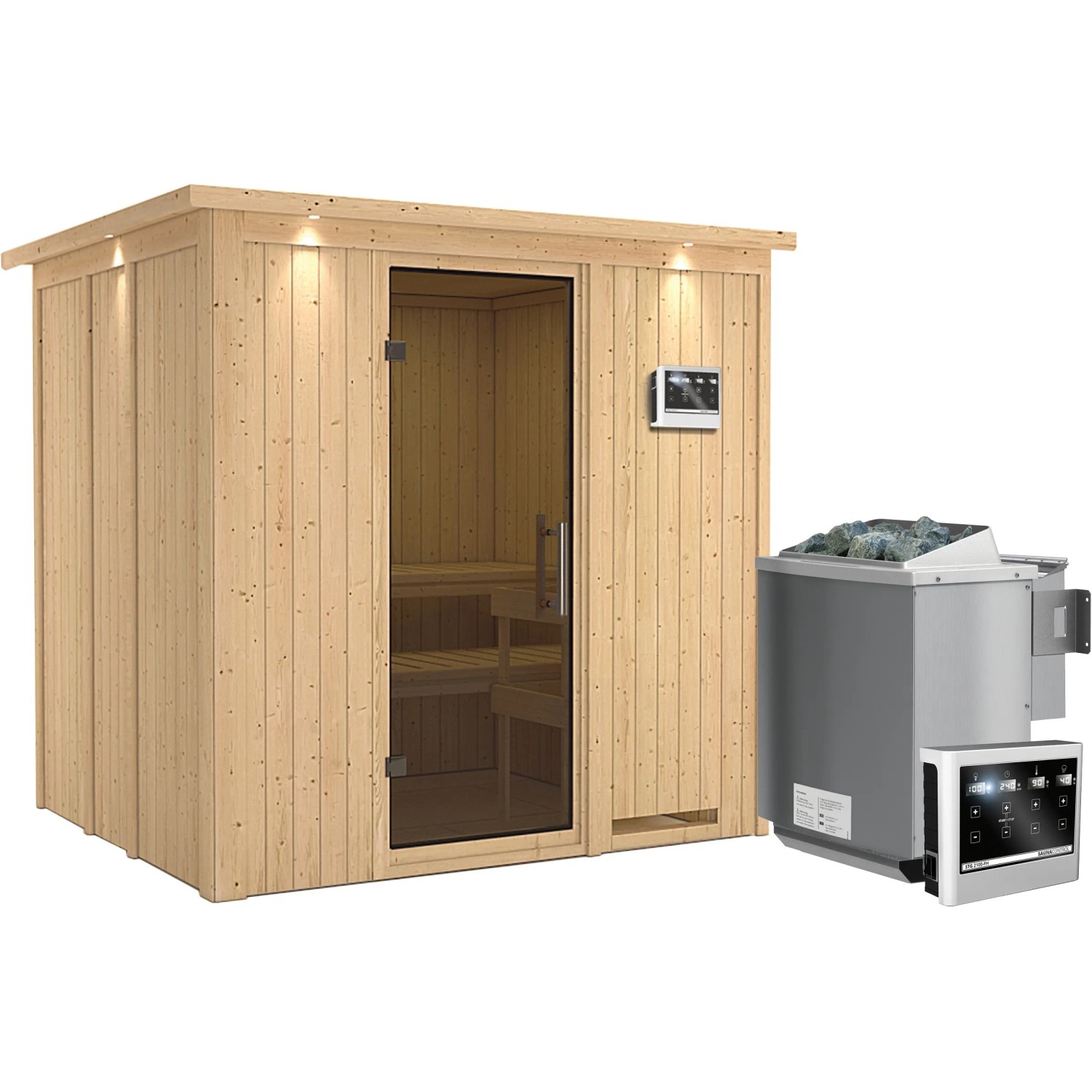 Karibu Sauna Stina inkl. Bio-Ofen 9 kW m. ext. Steuerung, Dachkranz, Tür Graphit