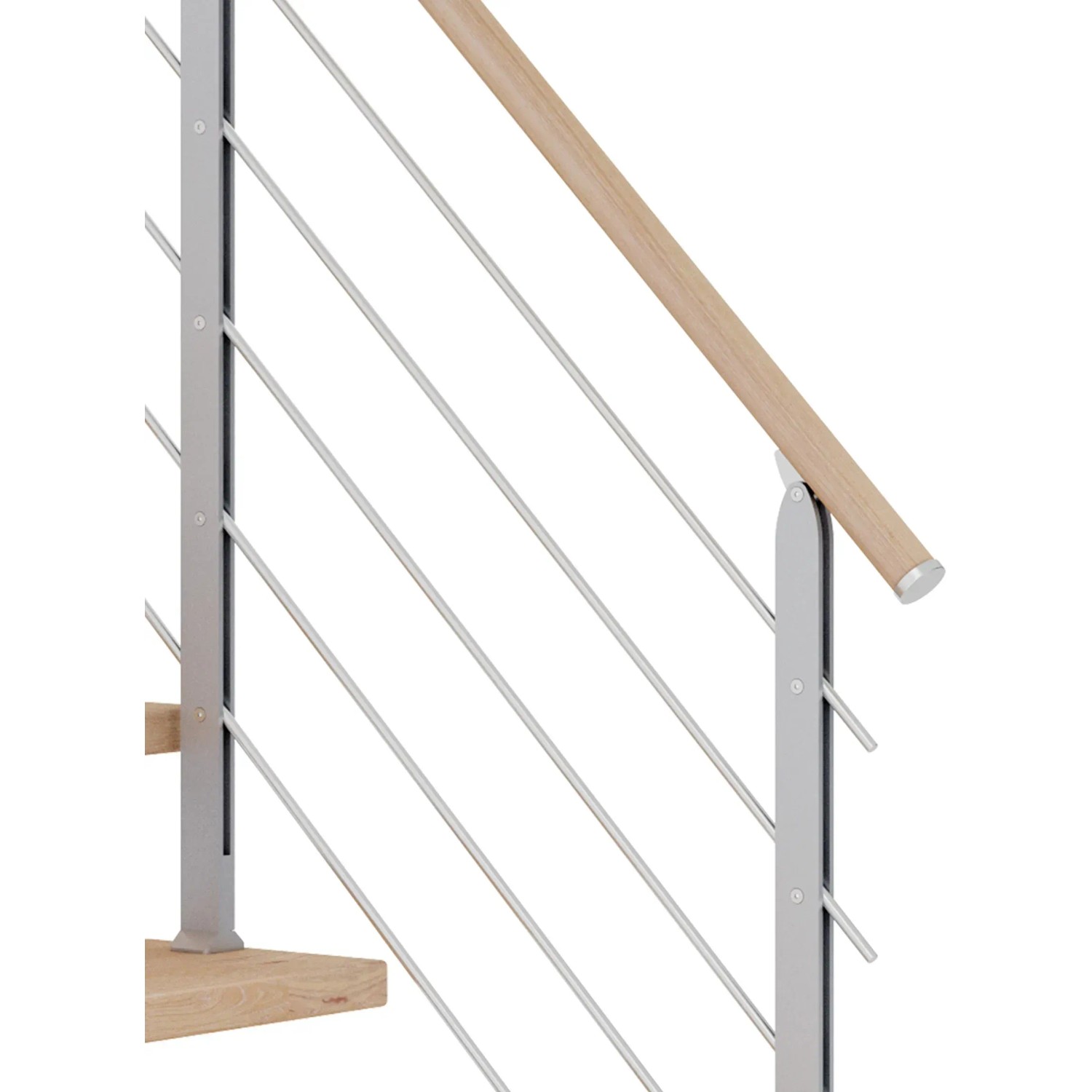 Detailansicht der Dolle Mittelholmtreppe Hamburg Eiche/Perlgrau mit Geländer.