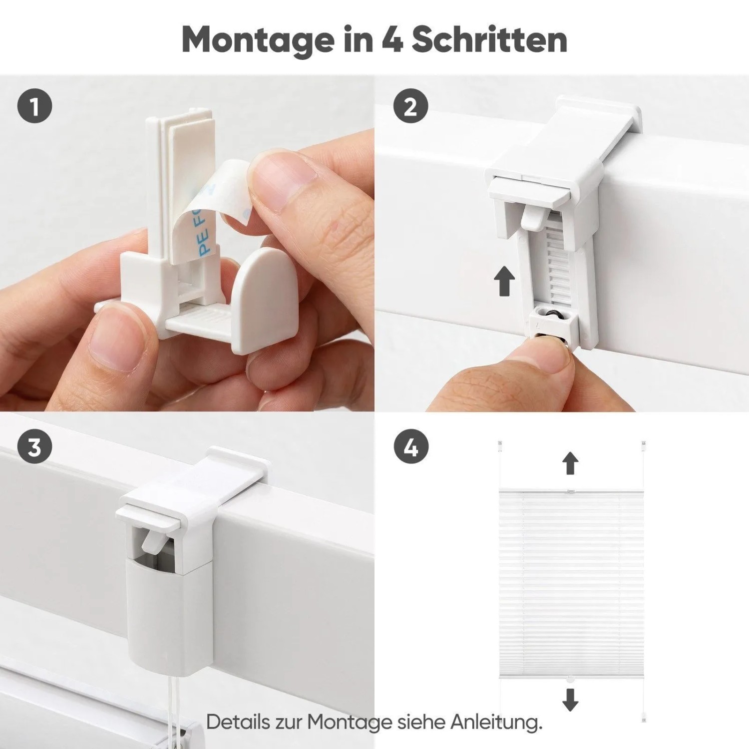 Montage des weißen Klemmfix Plissees in 4 Schritten. Befestigung des Faltrollos ohne Bohren am Fensterrahmen.