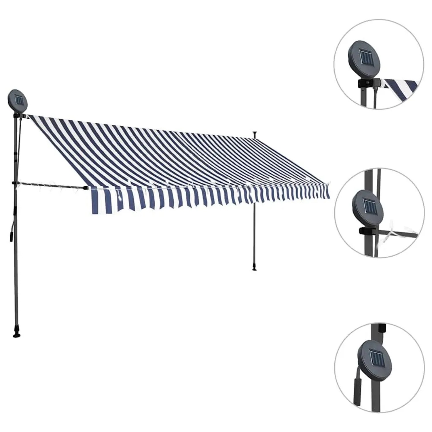 Einziehbare Markise 400 cm, blau-weiß gestreift, handbetrieben mit LED-Beleuchtung und Solarpanel.