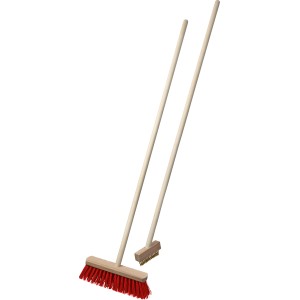 2-tlg. Set: Besen mit roten Borsten und Unkrautbürste mit Holzstiel für die Bodenbearbeitung.