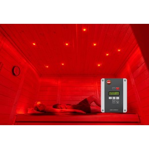 Weka Farbvisionen Set B: Sauna mit roter LED-Beleuchtung und Steuerung.
