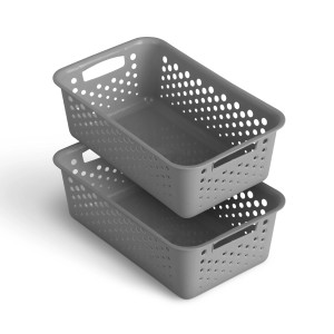 Zwei graue ProHome Aufbewahrungskörbe (2L) aus Kunststoff, stapelbar, für Badaccessoires.