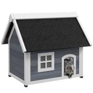 PawHut Katzenhaus mit Asphaltdach, Katze kommt aus der Tür. Wetterfestes Katzenhäuschen für den Garten.