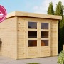 Naturbelassenes Karibu Express Gartenhaus Speedy A aus Holz mit Doppeltür und Flachdach auf einer Terrasse.
