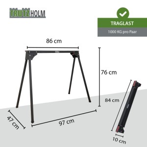 TRUTZHOLM Arbeitsbock, klappbar, Stahl, schwarz-rot, Traglast 1000kg pro Paar, mit Maßangaben.