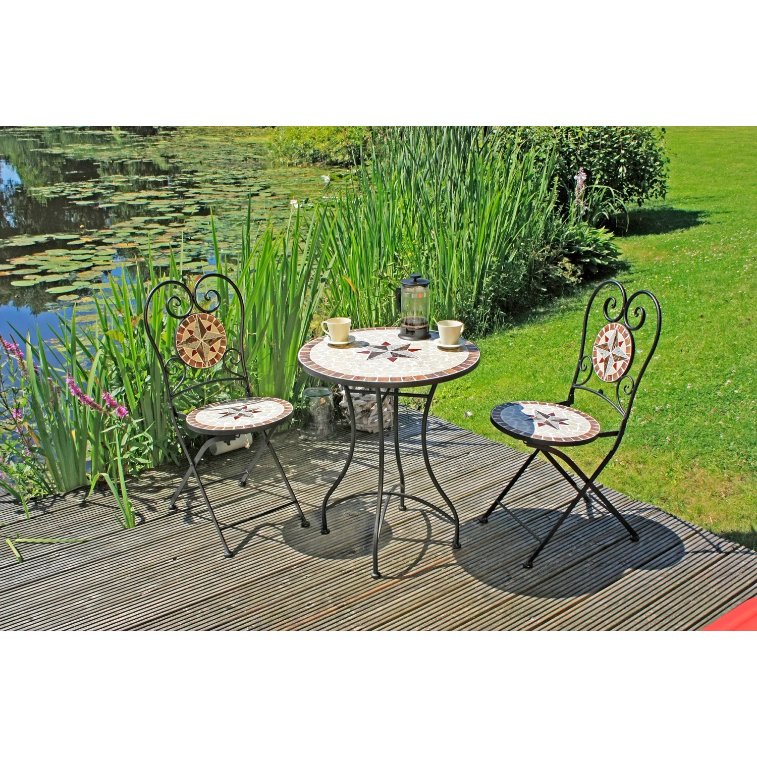 3-tlg. Balkon-Sitzgruppe Amarillo mit Mosaik in Braun, Grau, Rot und Beige. Gartenset mit Tisch und zwei Stühlen.