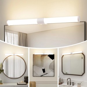Weiße NETTLIFE LED Spiegelleuchte aus Kunststoff, spritzwasserfest, über Spiegeln und Wand montiert, neutralweißes Licht.