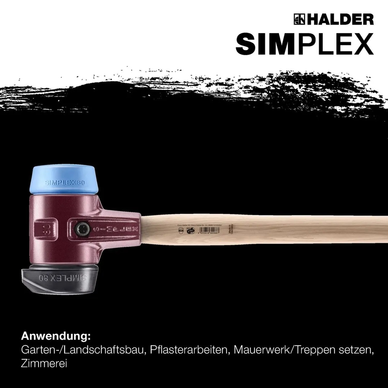Halder Simplex Vorschlaghammer mit blauem TPE-soft, Gummi-Standfuß, Tempergussgehäuse und Holzstiel, Ø 80 mm.
