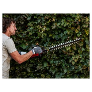 Mann schneidet Hecke mit Skil Akku-Heckenschere 0440CA (ohne Akku/Ladegerät), 55 cm Schnittlänge.