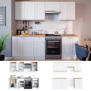 Vicco Bergamo Küchenzeile, 240 cm, Weiß/Goldkraft Eiche, mit LED-Leisten.