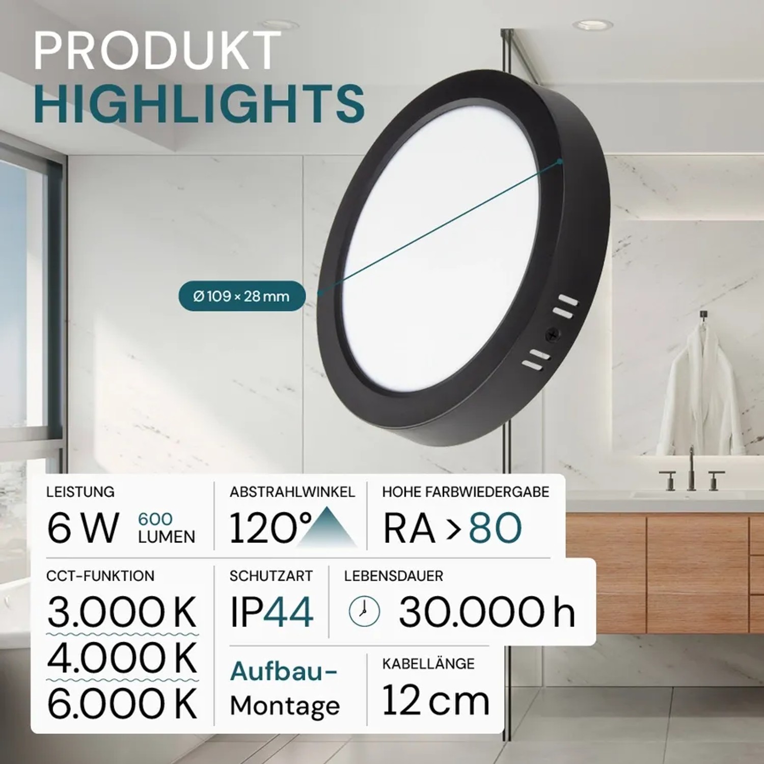 LUXULA LED Aufbauleuchte 6W IP44-Geschützt 600lm Lichtfarbe Einstellbar CCT Deckenleuchte Rund Ø109x28mm Badezimmerlampe Schwarz_2