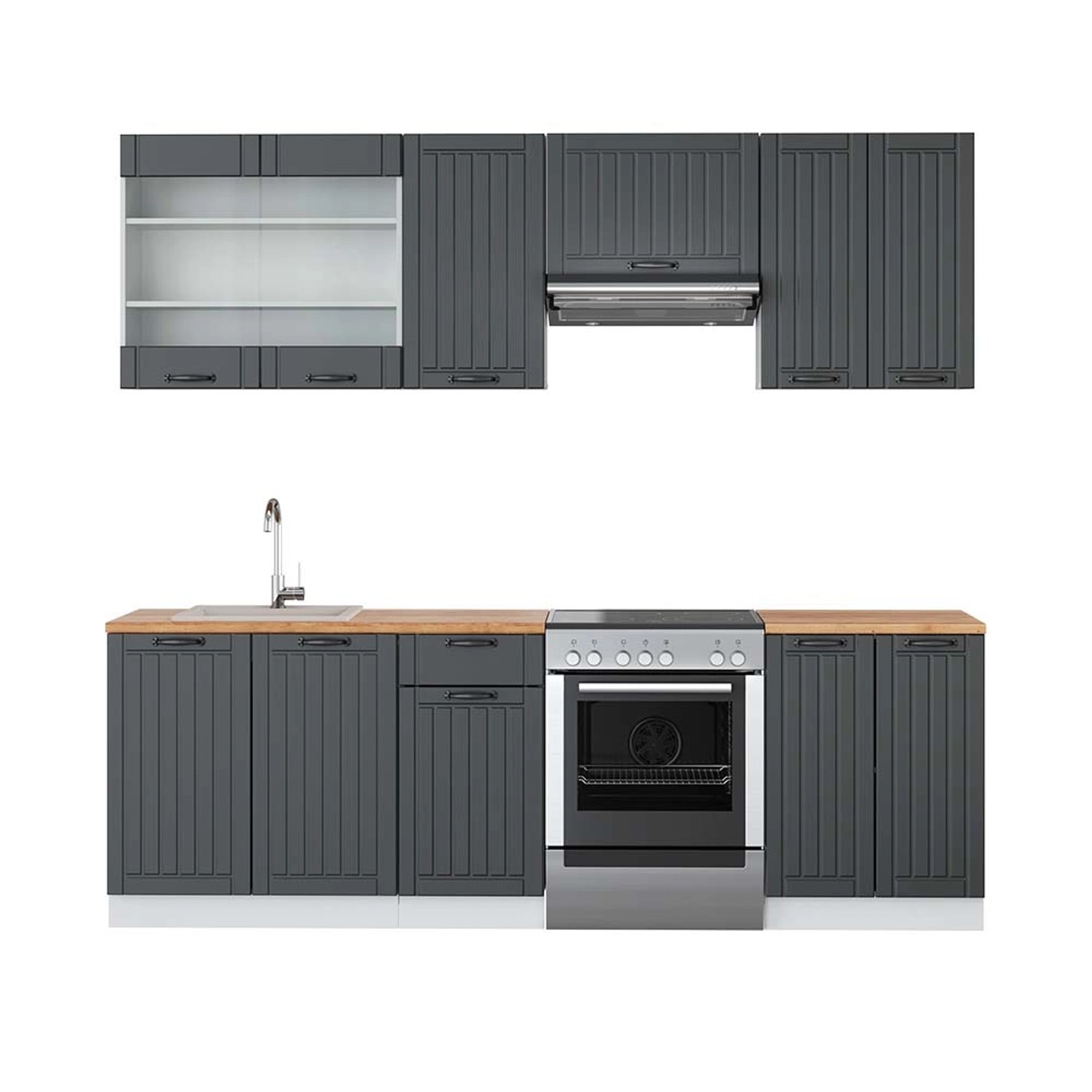 Vicco Fame-Line Küchenzeile Anthrazit Landhaus/Weiß 240 cm AP Eiche günstig online kaufen
