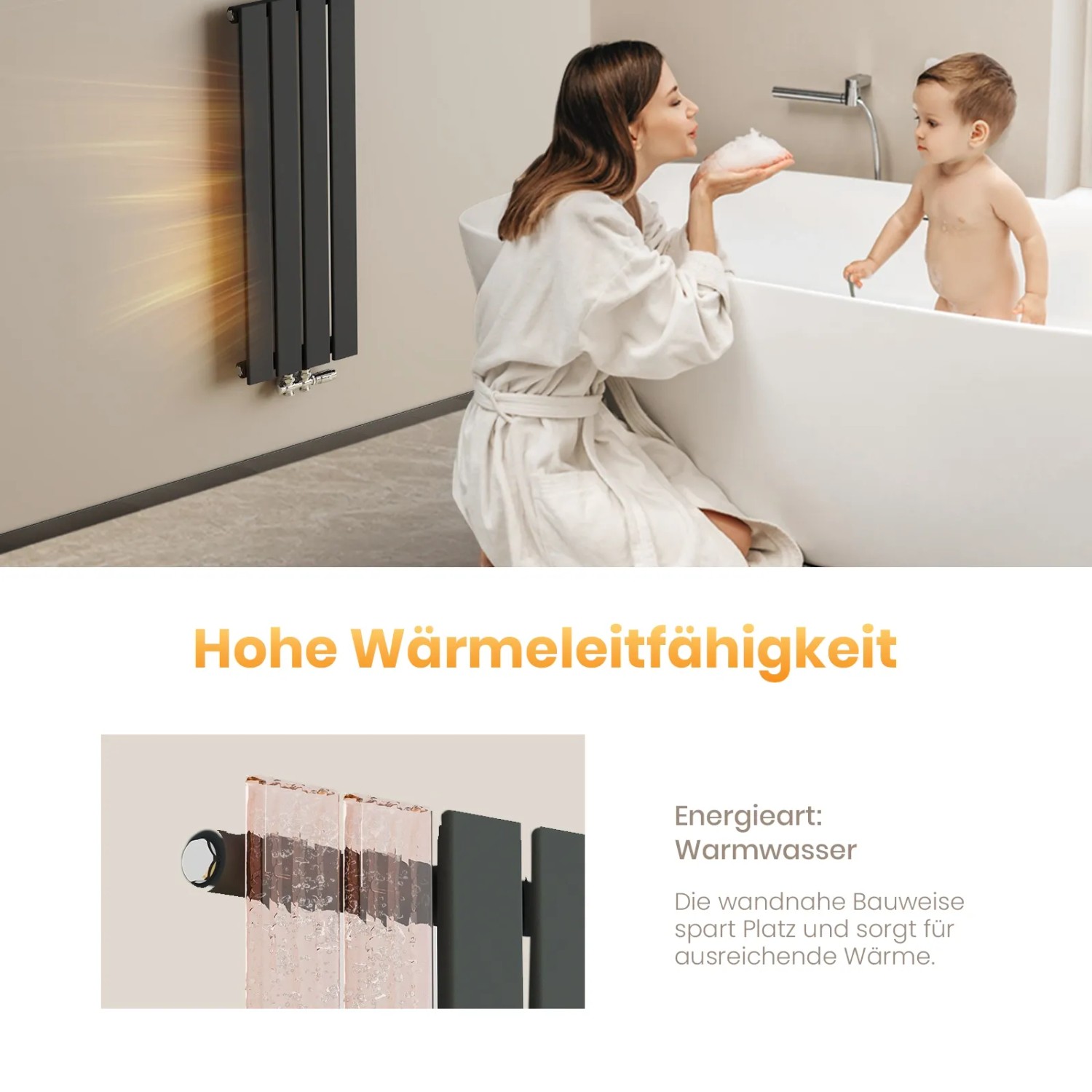 Anthrazitfarbener Emke Heizkörper (160x46cm) im Bad mit Frau und Kind in der Badewanne.