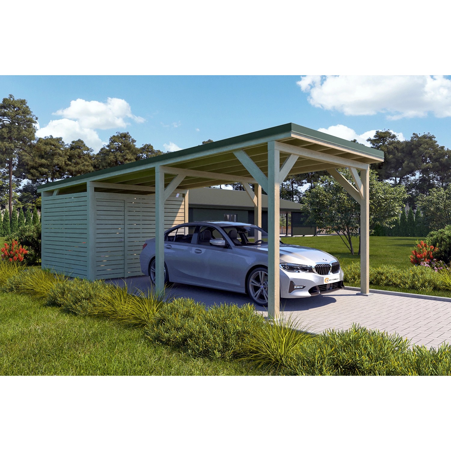 Holzbrüder Carport Ralf 26m² mit Geräteraum Imprägniert-Dornengrün günstig online kaufen