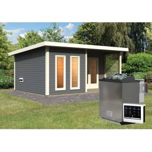Karibu Saunahaus Magnus 5 Set A terragrau mit Ofen und Steuerung im Garten.