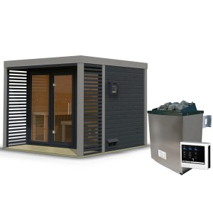 Karibu Saunahaus Seros 3 in Anthrazit/Grau mit Ofen und externer Steuerung.