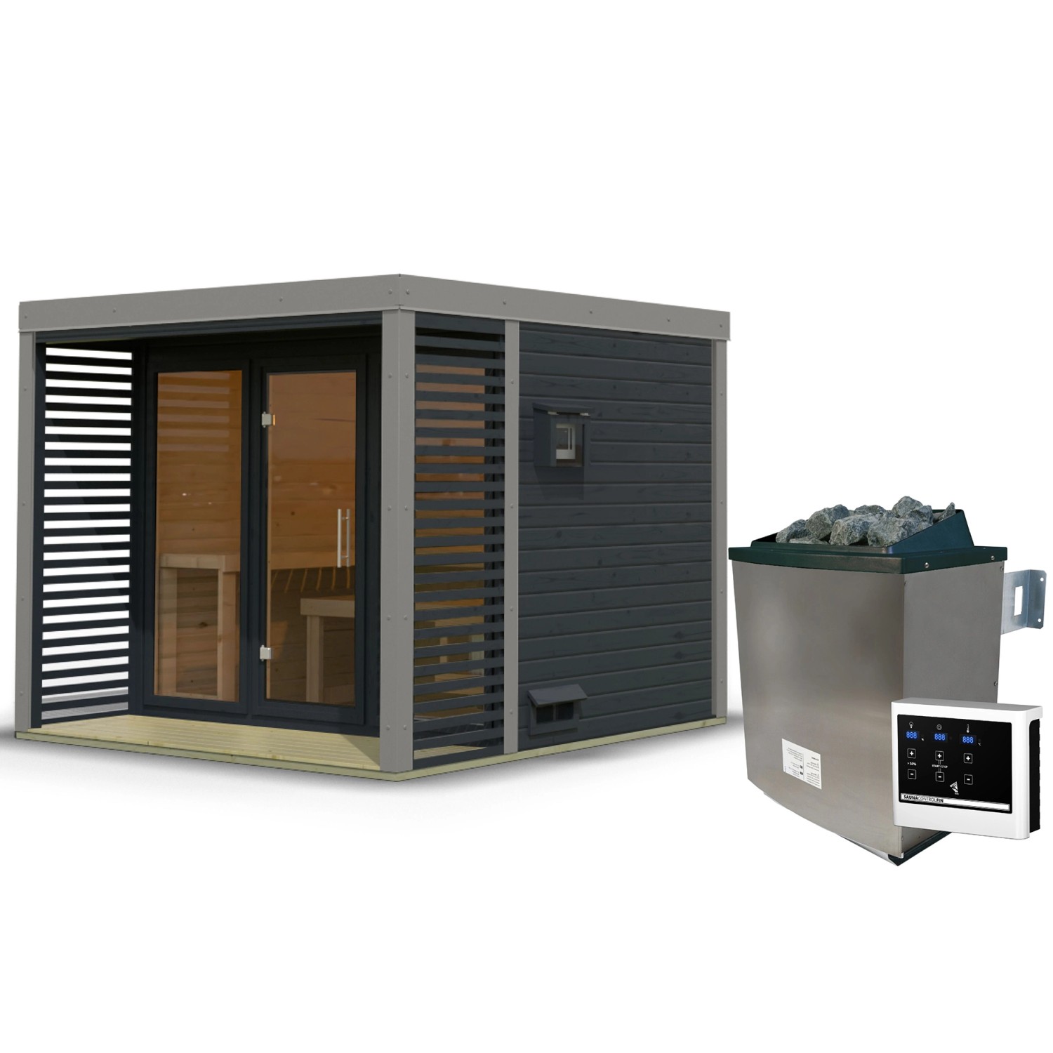 Karibu Saunahaus Seros 3 Zoll mit Ofen 9 kW Externe Steuerung Anthrazit/Gra günstig online kaufen