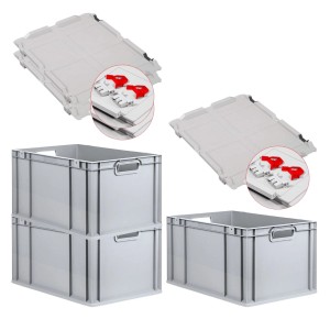 PROREGAL SuperSparSet: 3 graue Euroboxen mit Deckel und roten Verschlüssen, 65 Liter.
