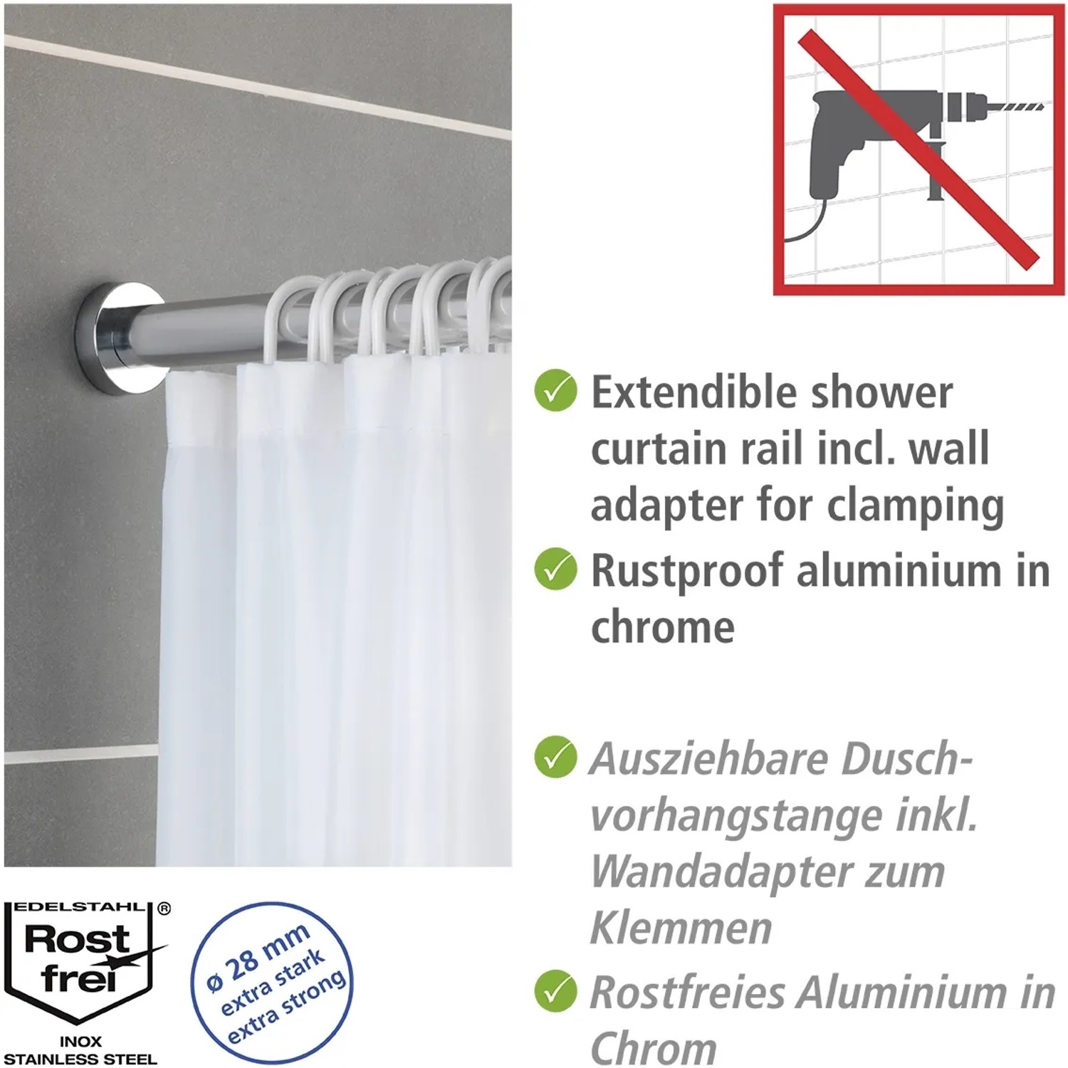 Wenko Teleskop-Duschstange Luz, chrom, ausziehbar 70-115cm, ohne Bohren zu befestigen.