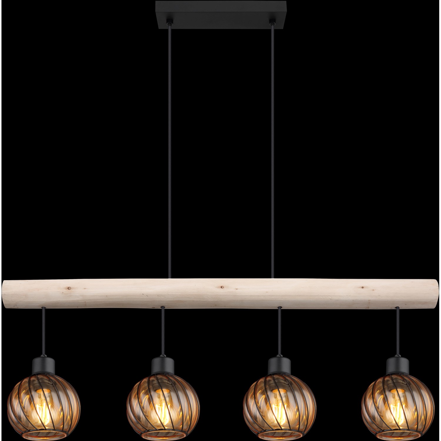 Schwarze, 4-flammige Globo Pendelleuchte Paulo mit Holz und Amberfarbenen Glasschirmen.